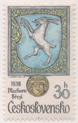 Sello E02099: hoja 146, Checoslovaquia: Sello Multicolor, dentado. Escudos de Ciudades. Vlachovo Březí. 1538, 30 Haleru