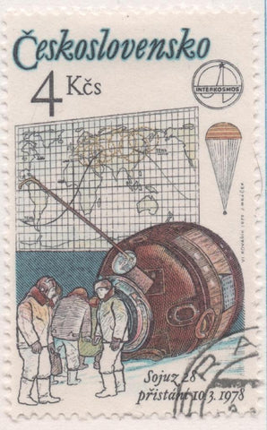 Sello E02096: hoja 145, Checoslovaquia: Sello Multicolor, dentado. 1er Aniv del Vuelo Espacial Checo-Ruso. Aterrizaje del Soyuz 28, 4 Koruny