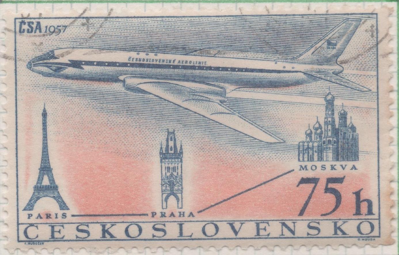 Sello E02126: hoja 153, Checoslovaquia: Sello Multicolor, dentado. Inauguración de las Lineas Aérea.  París-Praga-Moscú. Tupolev Tu - 104 A, 75 Haleru