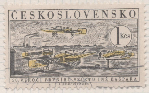 Sello E02128: hoja 153, Checoslovaquia: Sello Gris y amarillo, dentado. 50º Aniversario del Primer Vuelo de Jan Kaspar.Blériot XI y 1º escuela de aviación, 1 Koruna