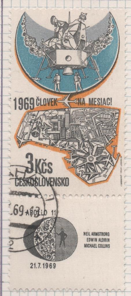 Sello E02149: hoja 156, Checoslovaquia: Sello Multicolor, dentado. Llegada del Hombre a la Luna. Apolo 11 y aeropuerto J.F.K Nueva York, 3 Koruny