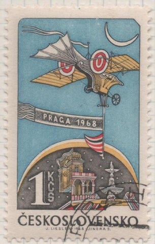Sello E02147: hoja 155, Checoslovaquia: Sello Multicolor, dentado.  Exposición Internacional de Filatelia "Praga 68". Avión de William Henson sobre Praga, 1 Koruna