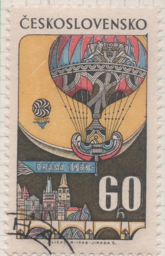 Sello E02146: hoja 155, Checoslovaquia: Sello Multicolor, dentado.  Exposición Internacional de Filatelia "Praga 68". Globo sobre Praga, 60 Haleru