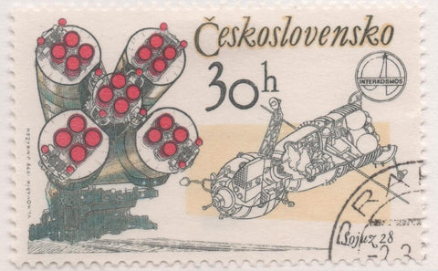 Sello E02095: hoja 145, Checoslovaquia: Sello Multicolor, dentado. 1er Aniv del Vuelo Espacial Checo-Ruso. Soyuz 28, 30 Haleru
