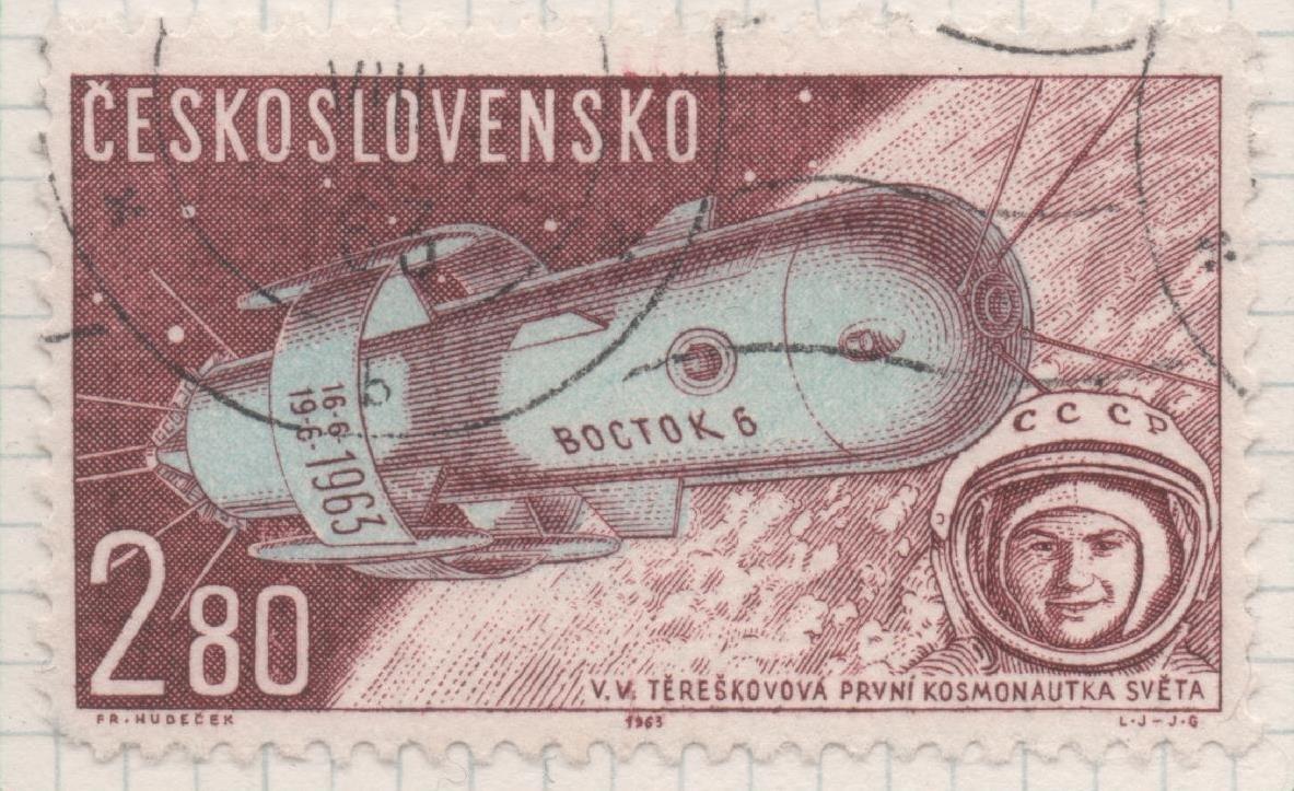 Sello E02139: hoja 154, Checoslovaquia: Sello Marron y azul, dentado. Vuelos Espaciales. Vostok VI y Valentina Tereshkova, 2,80 Koruna