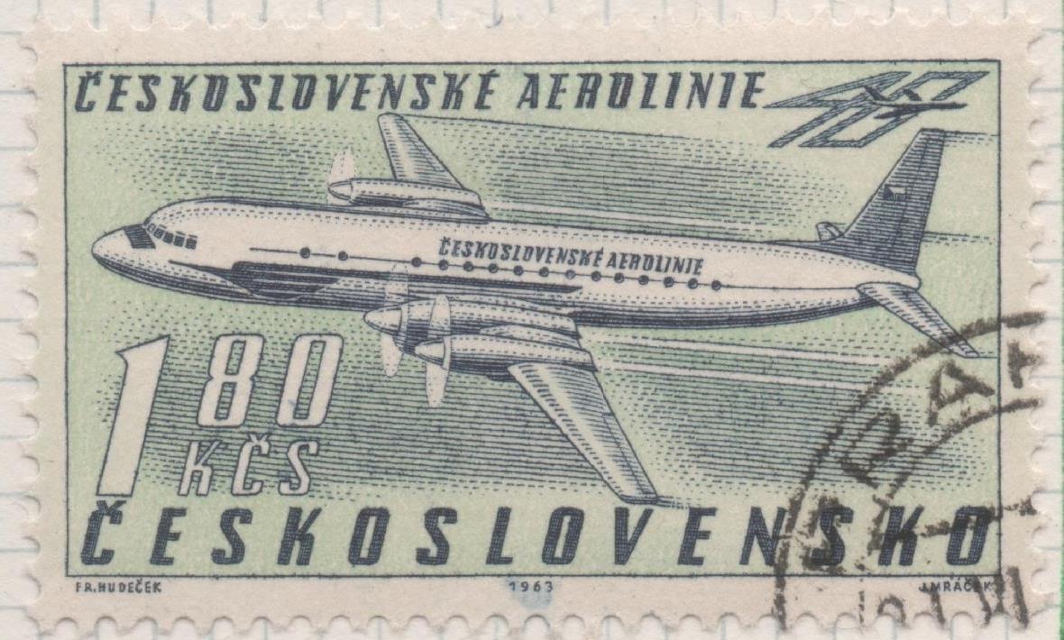 Sello E02137: hoja 154, Checoslovaquia: Sello Verde y azul, dentado. 40 Aniv de "Cheskolovenske Aeroline". Iljushin I1 - 18 B, 1,80 Koruna