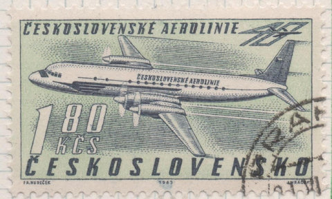 Sello E02137: hoja 154, Checoslovaquia: Sello Verde y azul, dentado. 40 Aniv de "Cheskolovenske Aeroline". Iljushin I1 - 18 B, 1,80 Koruna