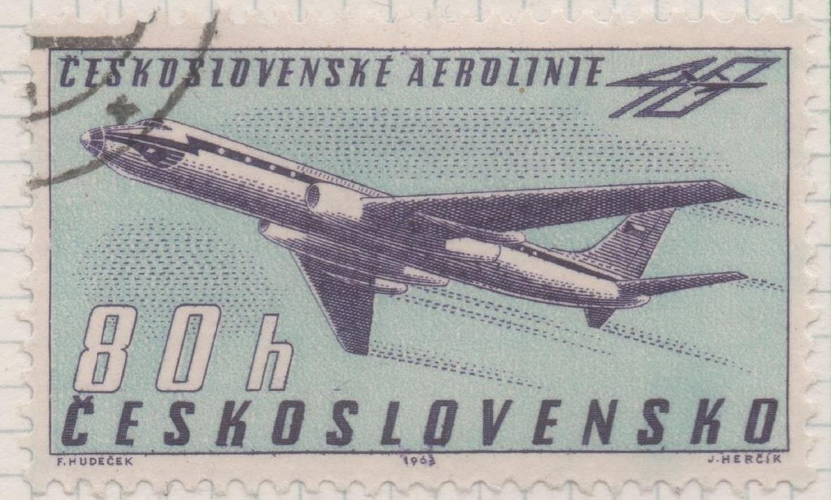 Sello E02136: hoja 154, Checoslovaquia: Sello Azul y violeta, dentado. 40 Aniv de "Chekoslovenske Aeroline". Tupolev Tu - 104 A, 80 Haleru