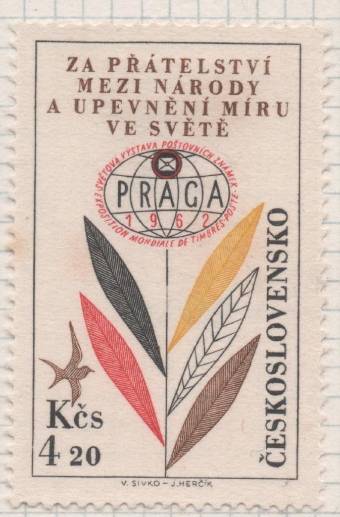 Sello E02135: hoja 154, Checoslovaquia: Sello Multicolor, dentado. Exposición Filatélica Internacional Praga 1962. Planta y Paloma, 4,20 Koruny