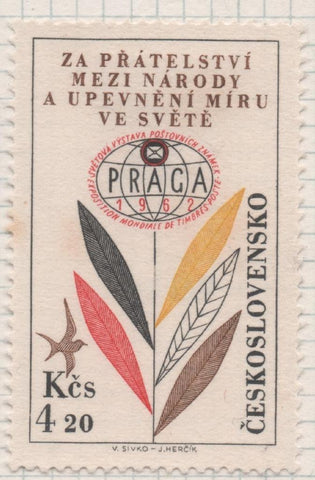 Sello E02135: hoja 154, Checoslovaquia: Sello Multicolor, dentado. Exposición Filatélica Internacional Praga 1962. Planta y Paloma, 4,20 Koruny