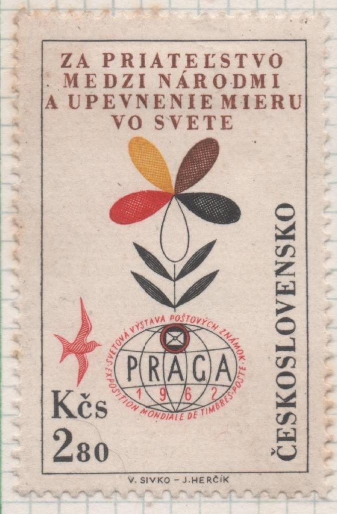Sello E02134: hoja 154, Checoslovaquia: Sello Multicolor, dentado. Exposición Filatélica Internacional Praga 1962, Flor y Paloma, 2,80 Koruny