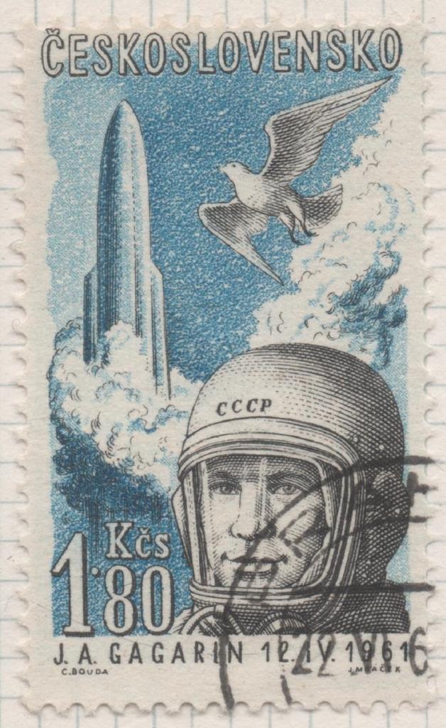 Sello E02131: hoja 154, Checoslovaquia: Selo Azul, gris y blanco, dentado. Visita de Yuri Gagarin a Praga. Aéreos. Gagarin, 1,80 Koruna