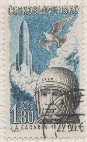 Sello E02131: hoja 154, Checoslovaquia: Selo Azul, gris y blanco, dentado. Visita de Yuri Gagarin a Praga. Aéreos. Gagarin, 1,80 Koruna