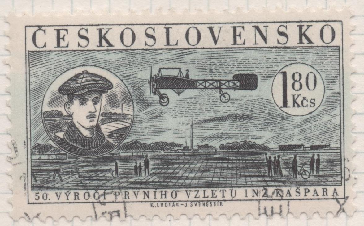 Sello E02129: hoja 153, Checoslovaquia: Sello Azul y gris, dentado. 50º Aniversario del Primer Vuelo de Jan Kaspar. Jan Kašpar y Blériot XI, 1,80 Koruna