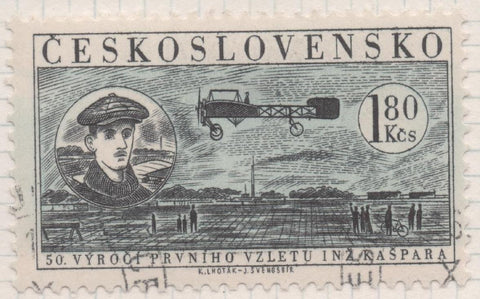 Sello E02129: hoja 153, Checoslovaquia: Sello Azul y gris, dentado. 50º Aniversario del Primer Vuelo de Jan Kaspar. Jan Kašpar y Blériot XI, 1,80 Koruna