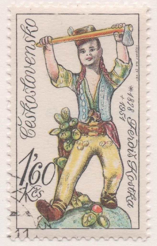 Sello E02093: hoja 145, Checoslovaquia: Sello Multicolor, dentado. Cerámicas Eslovacs. Janosik bailando. Ferdis Kostka, 1,60 Koruna