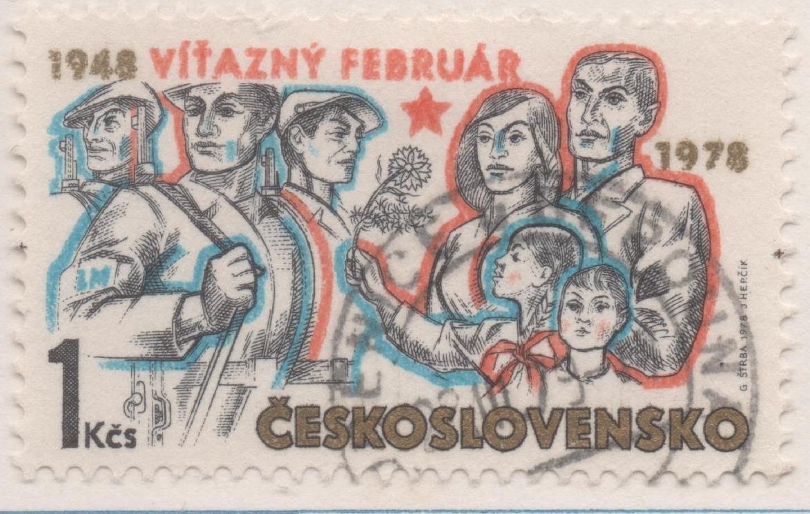 Sello E02053: hoja 140, Checoslovaquia: Sello Multicolor, dentado. XXX Aniv del Glorios Febrero. La Familia con el Ejército, 1 Koruna