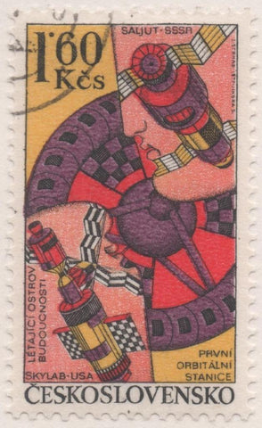 Sello E02049: hoja 138, Checoslovaquia: Sello Multicolor, dentado. Exploración del Cosmos. Construcción de Estación Espacial, 1,60 Koruna