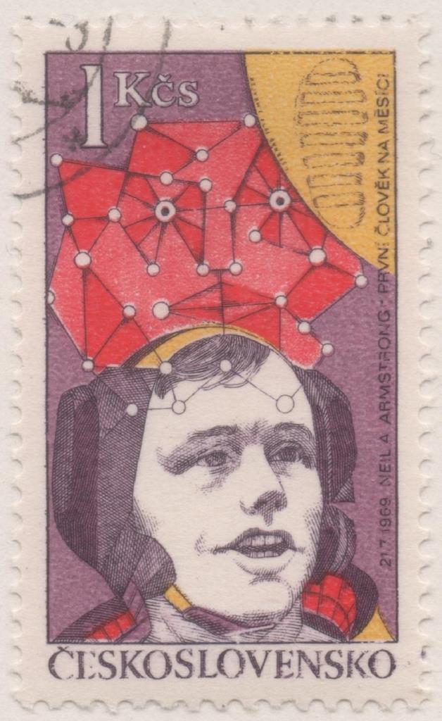Sello E02048: hoja 138, Checoslovaquia: Sello Multicolor, dentado. Exploración del Cosmos. Neil Armstrong, 1 Koruna