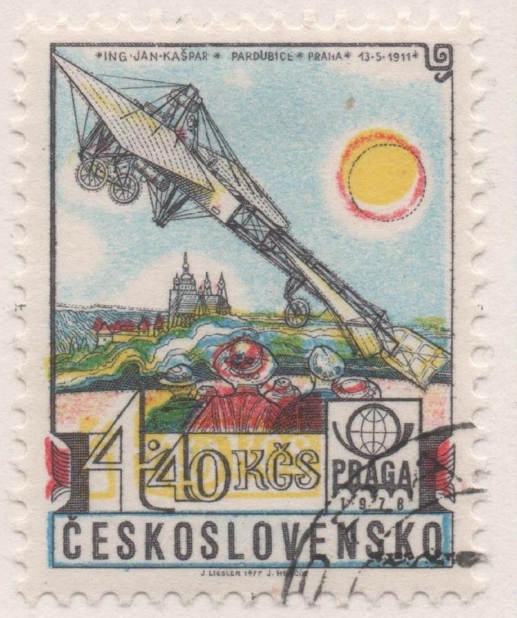 Sello E02044: hoja 138, Checoslovaquia: Sello Multicolor, dentado. Exposición Mundial de Filatelia "PRAGA 78", Avión de J. Kaspar, 4,40 Koruny