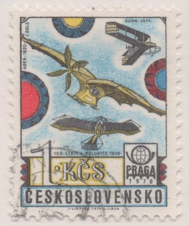 Sello E02041: hoja 138, Checoslovaquia: Sello Multicolor, dentado. Exposición Mundial de Filatelia "PRAGA 78", Aviones de Antaño, 1 Koruna