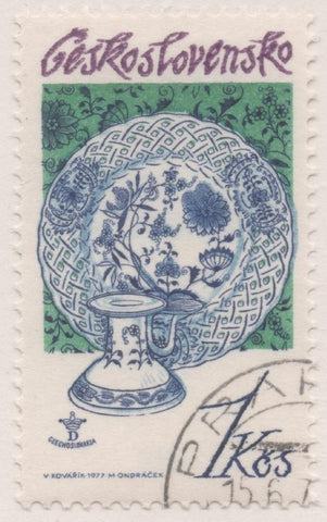 Sello E02033: hoja 137, Checoslovaquia: Sello Verde, azul y negro, dentdo. Porcelana. Plato y velero, 1 Koruna