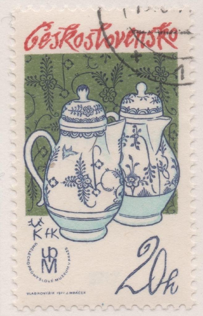Sello E02029: hoja 137, Checoslovaquia: Sello Verde y azul, dentado. Porcelanas. Cafeteras, 20 Haleru