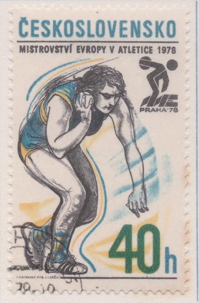 Sello E02059: hoja 141, Checoslovaquia: Sello Multicolor, dentado. Campeonatos Europeos de Atletismo. Lanzamiento de Peso, 40 Haleru