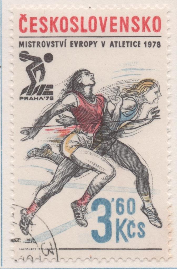 Sello E02061: hoja 141, Checoslovaquia: Sello Multicolor, dentado. Campeonatos Europeos de Atletismo. Atletismo, 3,60 Koruny