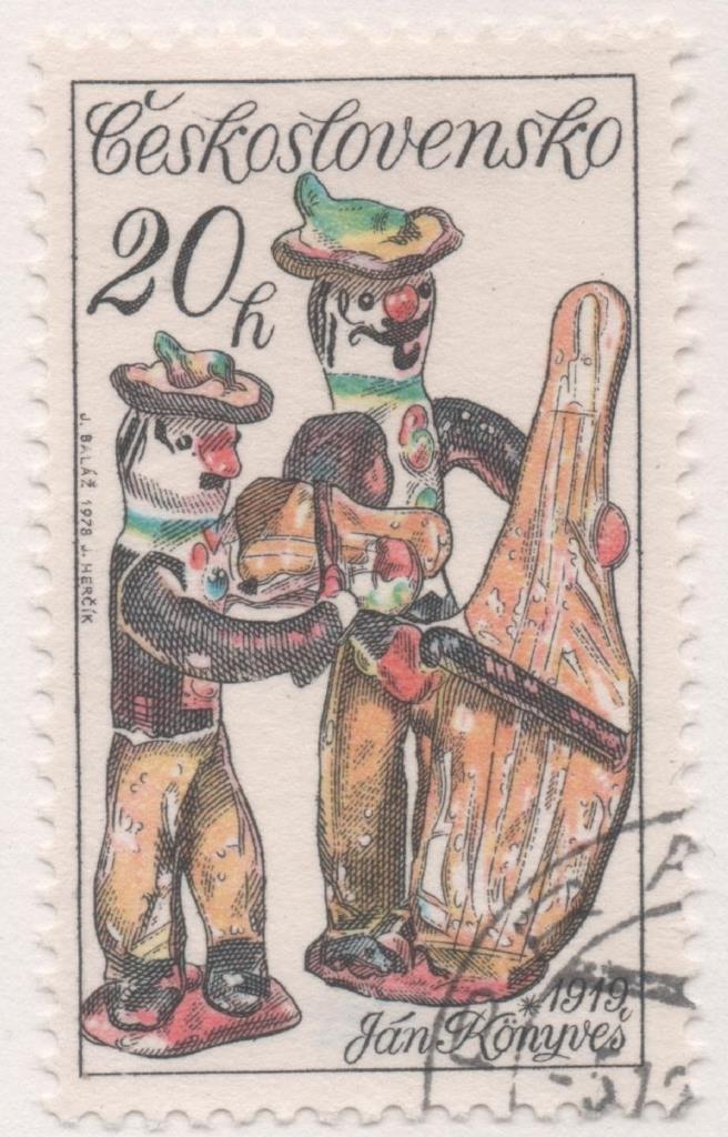 Sello E02089: hoja 145, Checoslovaquia: Sello Multicolor, dentado. Cerámicas Eslovacas. Violinista y bajo. Jan Konyves, 20 Haleru