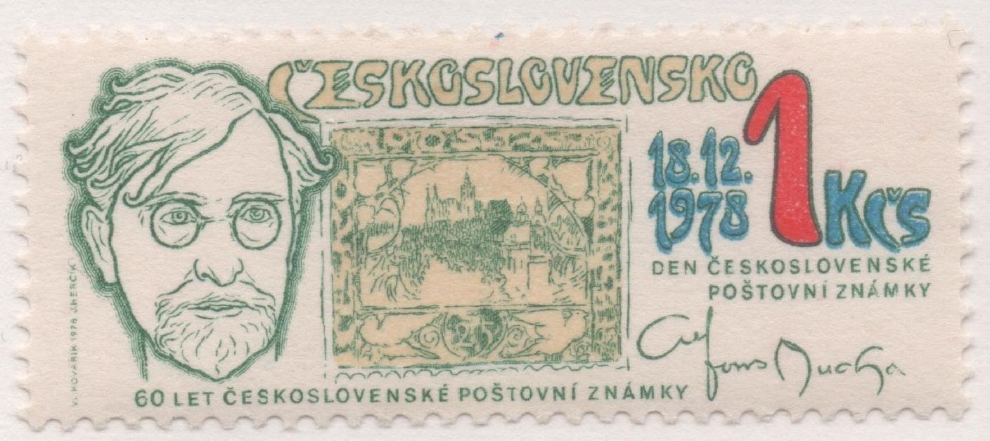 Sello E02086: hoja 144, Checoslovaquia: Sello Multicolor, dentado. Día del Sello y 60º Aniversario del Primer Sello Checo. Alfons Mucha y su diseño del sello 1918, 1 Koruna