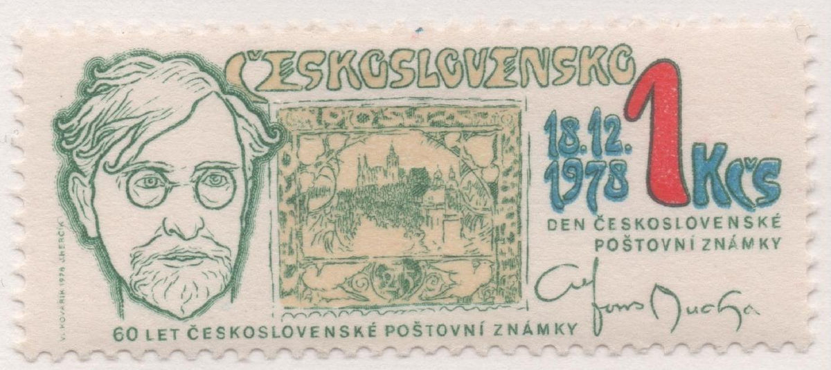 Sello E02086: hoja 144, Checoslovaquia: Sello Multicolor, dentado. Día del Sello y 60º Aniversario del Primer Sello Checo. Alfons Mucha y su diseño del sello 1918, 1 Koruna