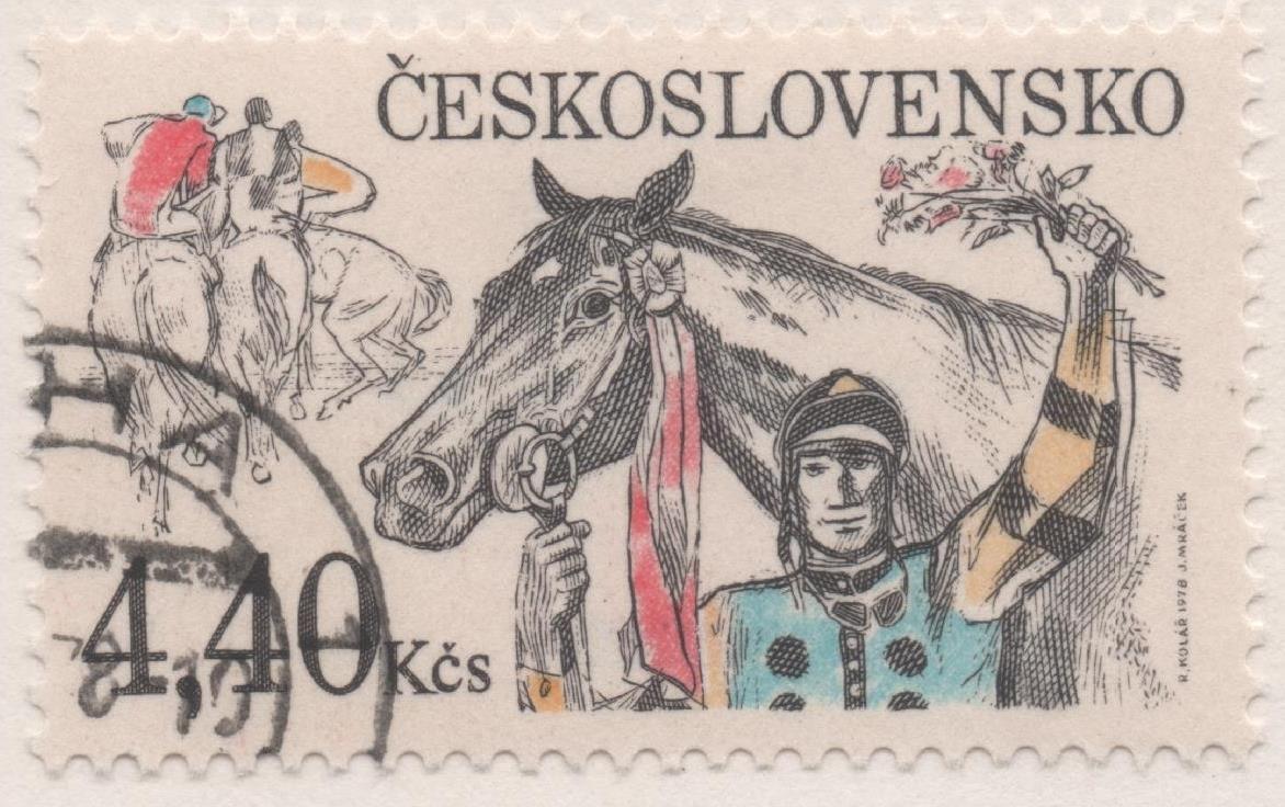 Sello E02085: hoja 143, Checoslovaquia: Sello Multicolor, dentado. Carreras Hípicas de Pardubice. Vencedor y Jinete, 4,40 Koruny