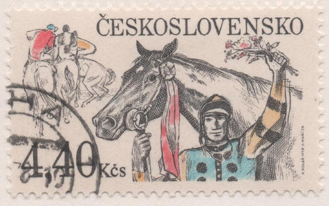 Sello E02085: hoja 143, Checoslovaquia: Sello Multicolor, dentado. Carreras Hípicas de Pardubice. Vencedor y Jinete, 4,40 Koruny