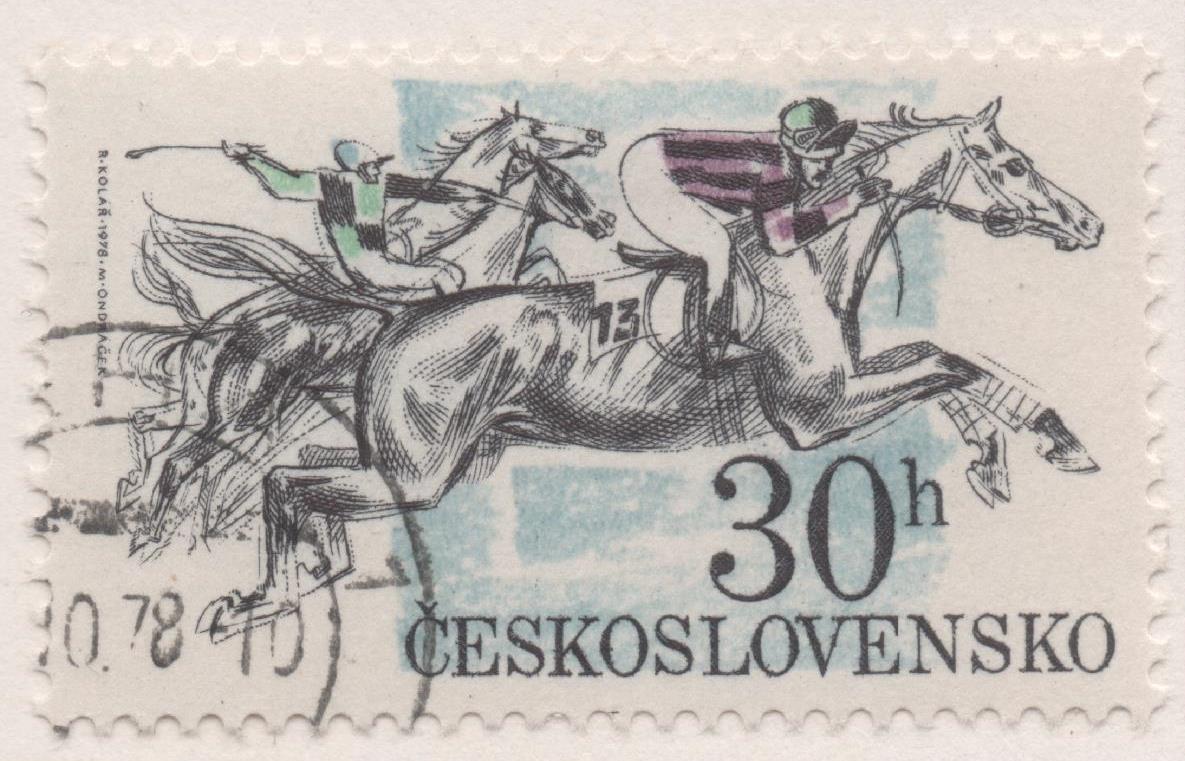 Sello E02082: hoja 143, Checoslovaquia: Sello Multicolor, dentado. Carreras Hípicas de Pardubice. Galope, 30 Haleru