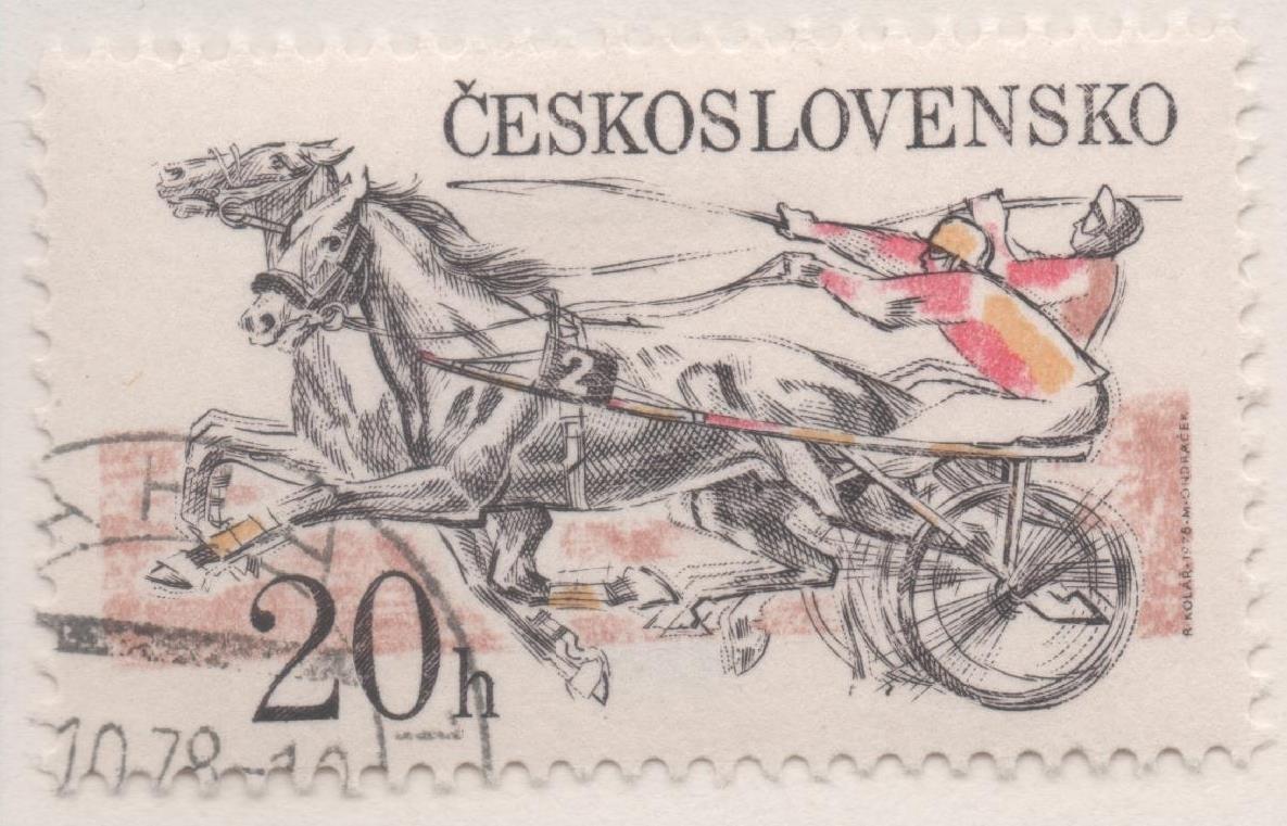Sello E02081: hoja 143; Checoslovaquia: Sello Multicolor, dentado. Carreras Hípicas de Pardubice. Cúadrigas, 20 Haleru