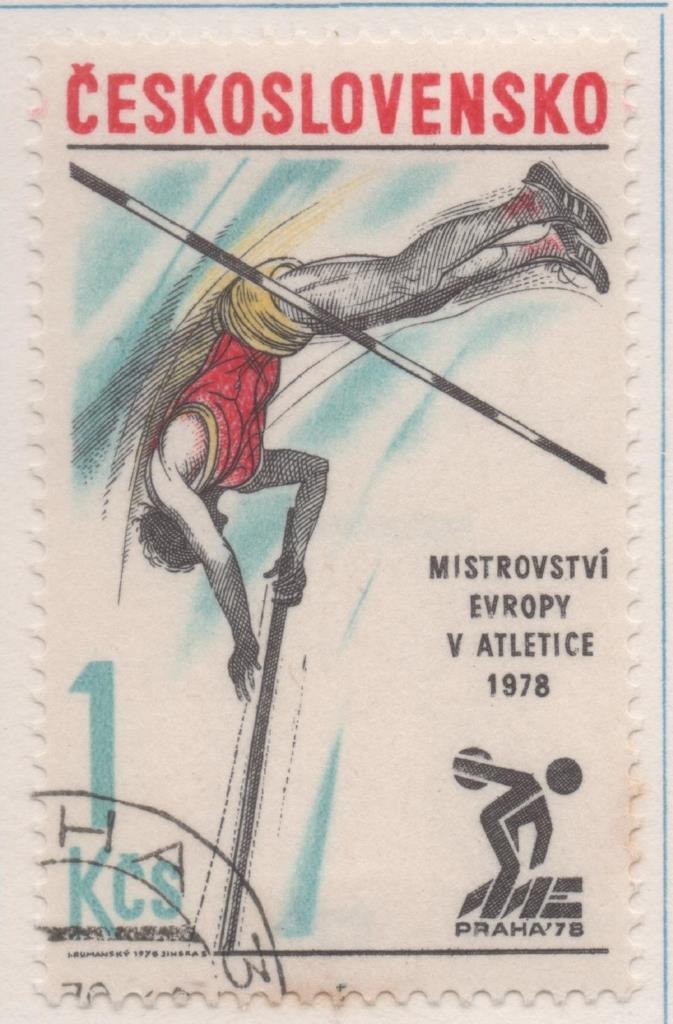 Sello E02060: hoja 141, Checoslovaquia: Sello Multicolor, dentado. Campeonatos Europeos de Atletismo. Salto de Altura, 1 Koruna