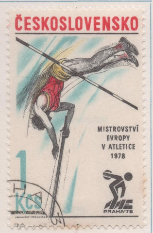 Sello E02060: hoja 141, Checoslovaquia: Sello Multicolor, dentado. Campeonatos Europeos de Atletismo. Salto de Altura, 1 Koruna