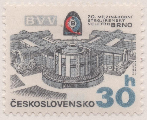 Sello E02077: hoja 143, Checoslovaquia: Sello Gris y azul dentado. Feria de ingeniería de Brno. Pabellones, 30 Haleru