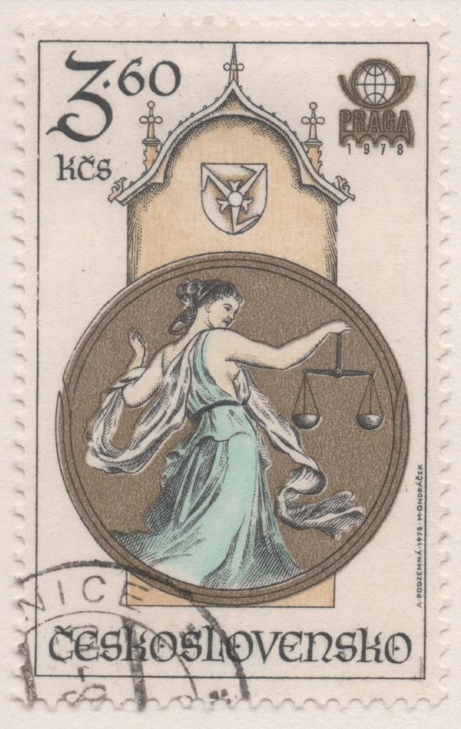 Sello E02072: hoja 142, Checoslovaquia: Sello Multicolor, dentado. Exposición Filatélica Internacional "PRAGA 78". Relojes astronómicos. Justicia, 3,60 Koruny