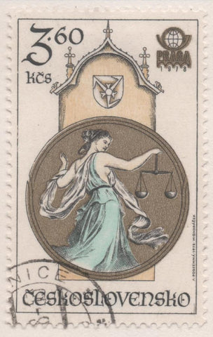 Sello E02072: hoja 142, Checoslovaquia: Sello Multicolor, dentado. Exposición Filatélica Internacional "PRAGA 78". Relojes astronómicos. Justicia, 3,60 Koruny
