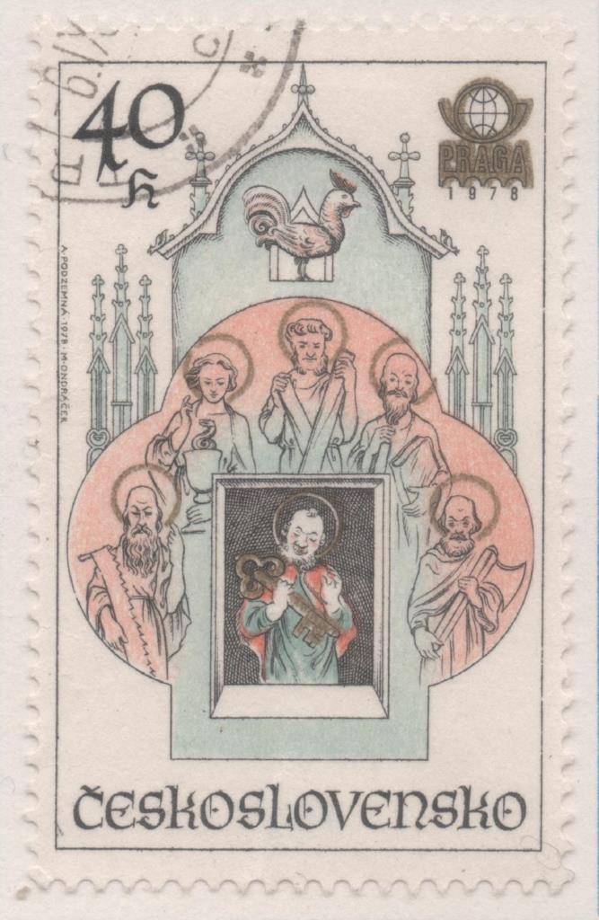 Sello E02068: hoja 142, Checoslovaquia: Sello Multicolor, dentado. Exposición Filatélica Internacional "PRAGA 78". Relojes astronómicos.San Pedro y los Apóstoles, 40 Haleru