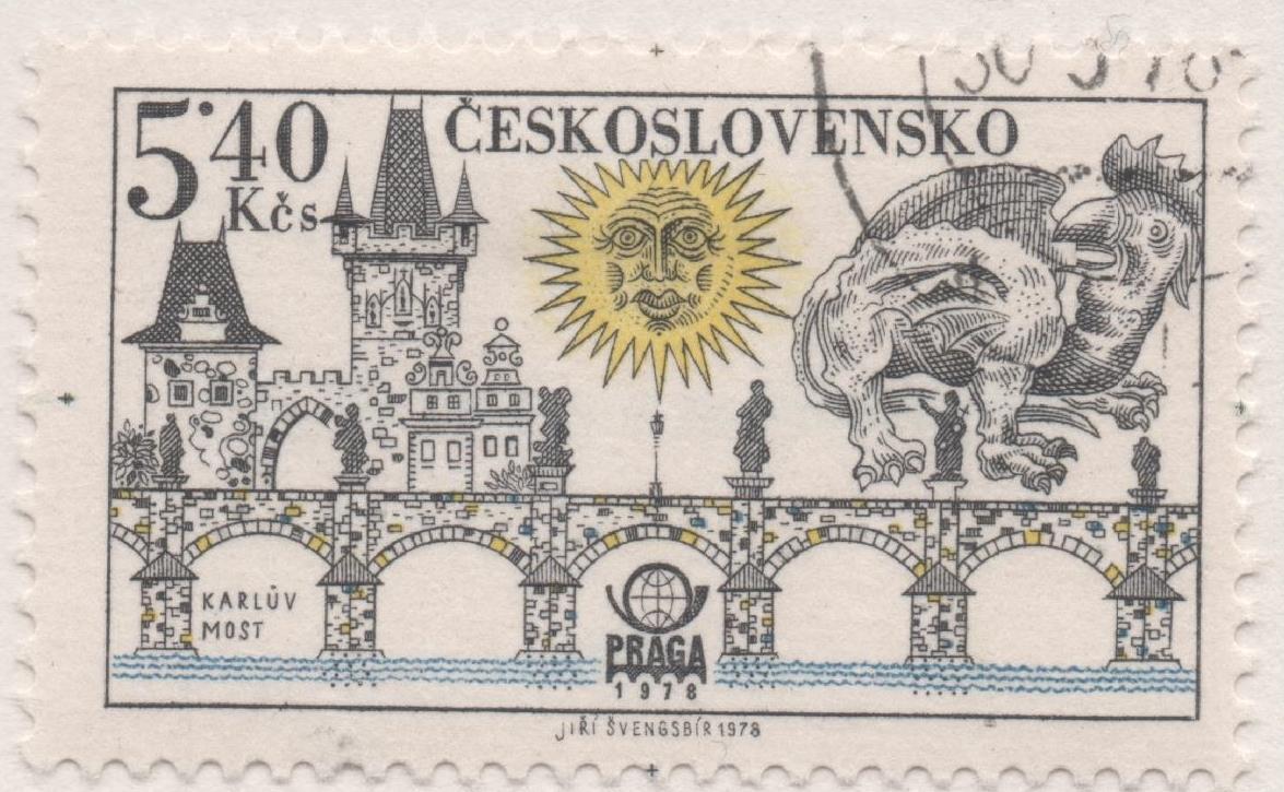 Sello E02067. hoja 142, Checoslovaquia: Sello Multicolor, dentado. Exposición Filatélica de Praga. Puentes. Carlos V, 5,40 Koruny