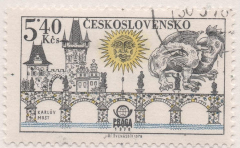 Sello E02067. hoja 142, Checoslovaquia: Sello Multicolor, dentado. Exposición Filatélica de Praga. Puentes. Carlos V, 5,40 Koruny