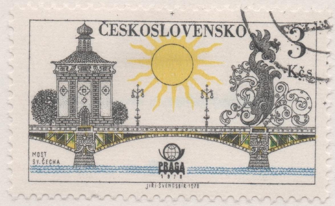 Sello E02066: hoja 142, Checoslovaquia: Sello Multicolor, dentado. Exposicón Filatélica de Praga. Puentes. Svatopluk Cech,3 Koruny