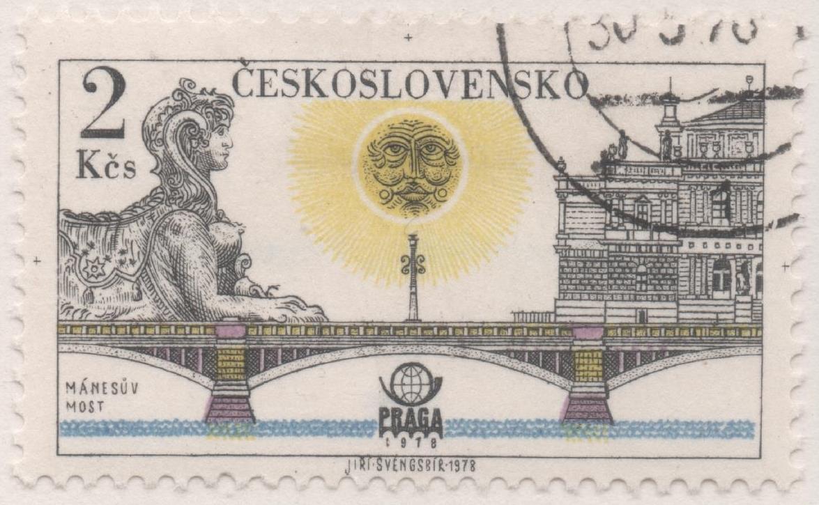 Sello E02065: hoja 142, Checoslovaquia: Sello Multicolor, dentado. Exposición Filatélica de Prag. Puentes. Manes, 2 Koruny