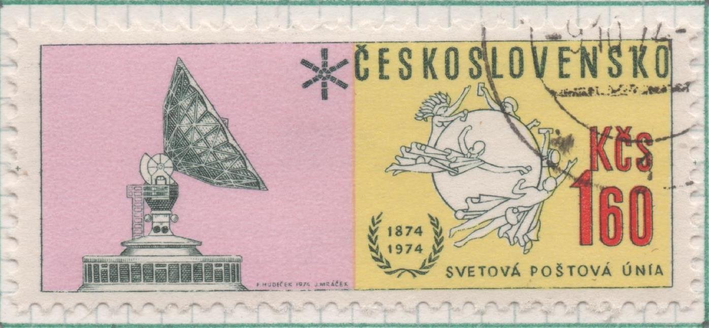 Sello E01889: hoja 124, Checoslovaquia: Sello Lila, amarillo y verde, dentado. Centenario de la Unión Postal Universal. UPU. Emblema y Radar, 1,60 Koruna