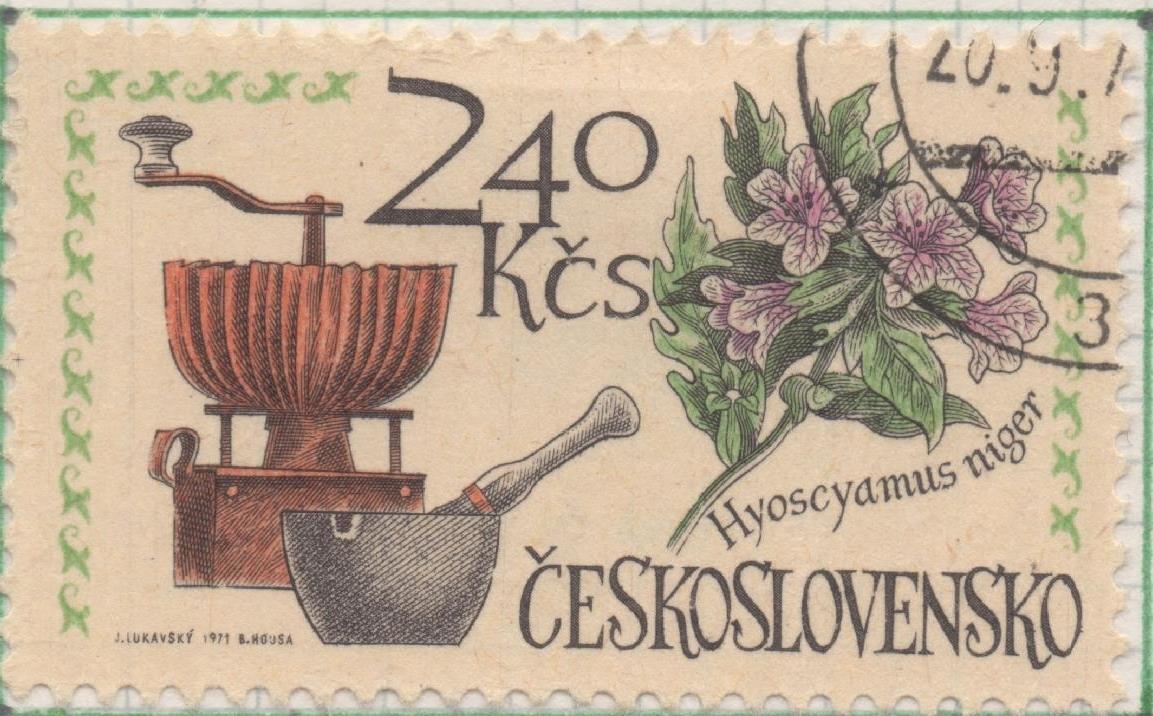 Sello E01718: hoja 111, Checoslovaquia: Sello Multicolor, dentado. Vi Congreso Internaciona de Farmacia. Praga. Hierba loca. Hyoscyamus nige, 2,40 Koruny