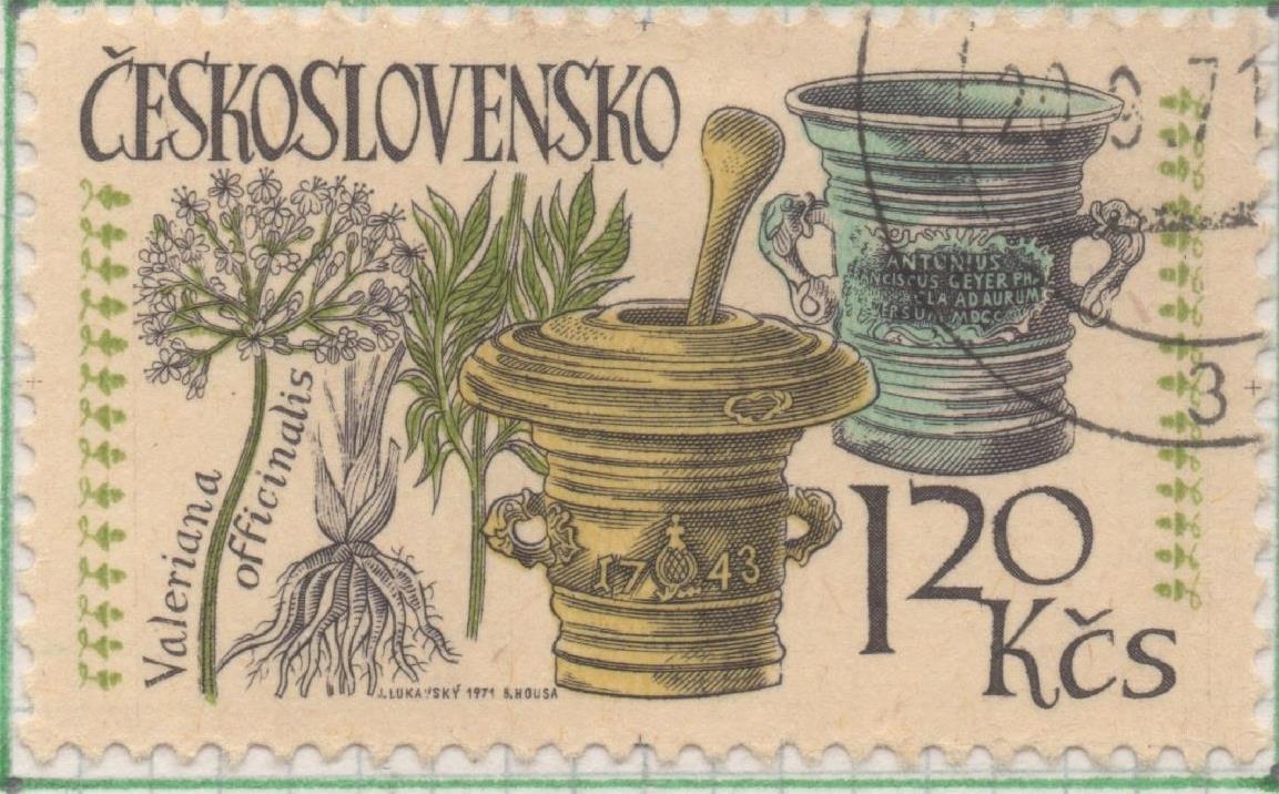 Sello E01716: hoja 111, Checoslovaquia: Sello Multicolor, dentado. VI Congreso Internacional de Farmacia. Praga. Valeriana. Valeriana officinalis, 1,20 Koruna
