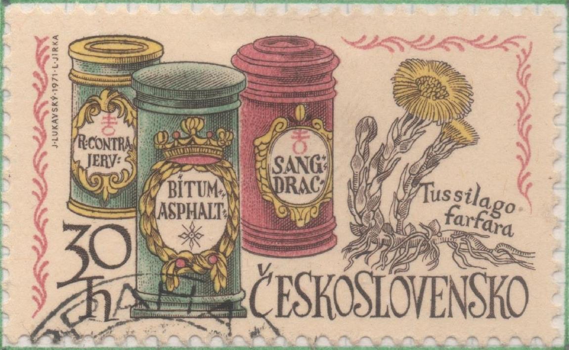 Sello E01713: hoja 111, Checoslovaquia: Sello Multicolor, dentado. VI Congreso Internacional de Farmacia. Praga. Pie de caballo. Tussilago farfara, 30 Haleru